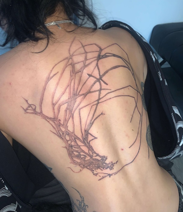 A large tattoo of a fern on a back
